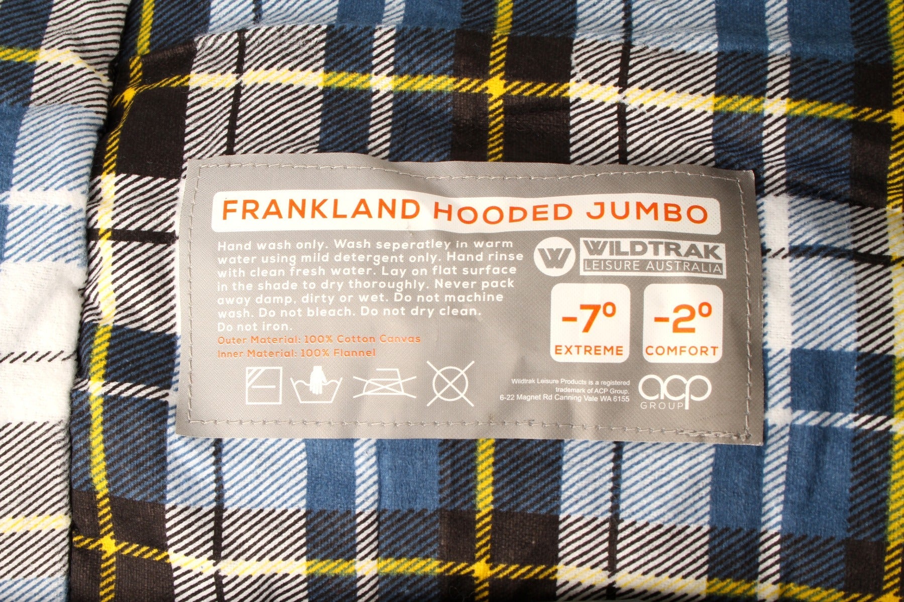 Wildtrak™ Frankland Jumbo Hooded Sleeping Bag, -2 to -7°C, Flannel Inner, Cotton Canvas Outer Shell, Auto Lock Zips, Sewn-through Contruction, Sewn-in Storage Pocket, Storage Bag, Hanging Loops, 90x230cm
