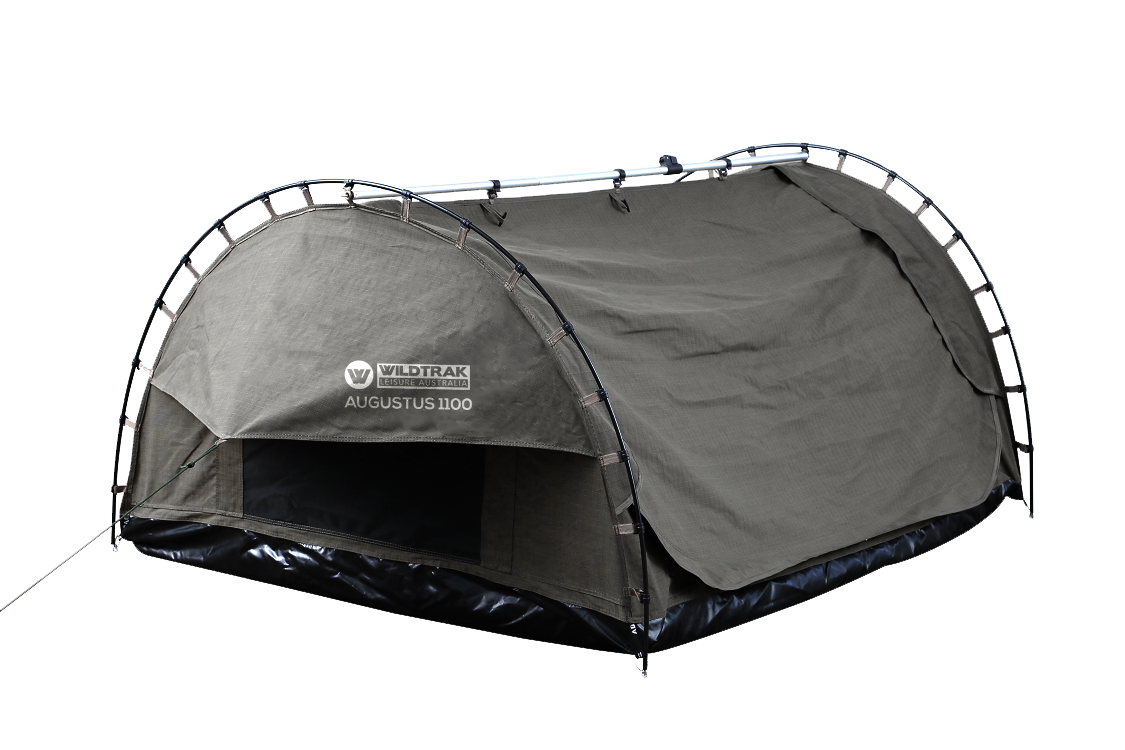 Wildtrak™ Augustus 1100 Easy Setup Swag 400gsm Heavy Duty Ripstop Canvas, Ultra Fine Mesh, Aluminium Poles, High Density Foam Mattress, Weatherproof, Durable, Carry Bag with Handles 110x215cm
