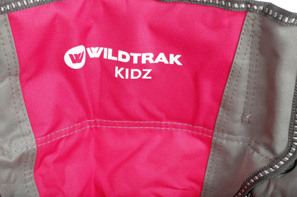 WILDTRAK™ KIDS Pink/Grey Foldable Camp Chair, Easy Clean Fabric, Drink Holder, Locking Device to Secure Legs into Place, Weight Rated 100kg, Carry Bag with Shoulder Strap